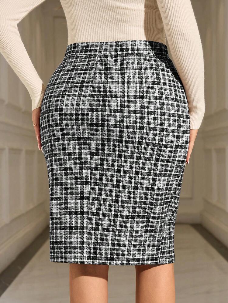 Plus Size Women's Plaid Print Pencil Skirt, Suitable For Work And Commute Pencil Skirt For Women Black And White Skirt Office Skirts For Women Checkered Skirt Summer Holiday Spring Break Valentine For Women Carnival Women Look 2026 Beach For Women Spring Break