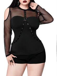 Whyspr Áo thun dài tay cỡ lớn phong cách Punk với phần vai khoét lưới và viền ren - màu đen - Xem 6