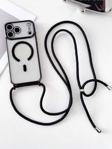 奢华斜挎项链挂绳电镀透明手机壳，兼容 17 Air 16 E 16 15 14 13 12 Pro Max 11，亮面磁吸无线充电保护套 - 黑色 - 查看 3