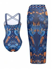 Swim Oasis 2件套女士秋季新款定位印花交叉绑带连体泳衣，配长款网纱裙，性感优雅度假简约派对圣诞连体泳衣 - 彩色 - 查看 2