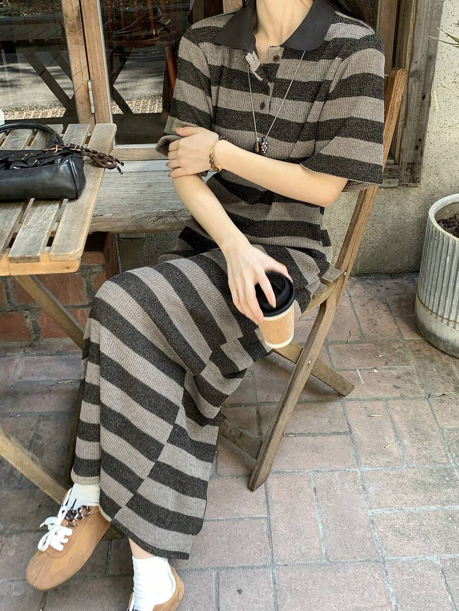 DAZY Women's Striped Short Sleeve Half-Zip Casual Long Dress - Brown - View 1