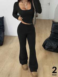 Coolane Women's Fall/Winter Streetwear Casual Laine Stretchy Comfortable Brown V-Neck T-Shirt And Petite Bell Bottoms Sweater,2pcs - Black - View 2