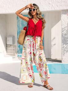 Vivid Eden 女士V领抽绳腰松紧腰艺术方格印花无袖宽松连体裤，休闲度假，春夏款 - 彩色 - 查看 1