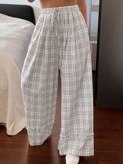 DAZY Plaid Ruffle Trim Loose Wide Leg Women Pajama Bottoms