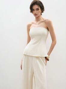 ATUI Studio Damen Sommerurlaub, Freizeit, Pendeln, einfaches, lässiges Tube-Top, schulterfreies Leinen-Zweiteiler-Set, Sommerkleider für Damen, Strand-Outfits für Damen, Sommerkleider für den Urlaub, Business-Casual-Damen, Strandurlaubs-Outfits, Sommer-Tops für Damen, Leinen-Set, Leinen-Top und Leinen-Hose - Aprikosenfarben - Übersicht 3