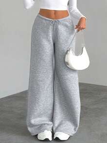 SHEIN Tall بنطلون رياضي فضفاض بقصة واسعة للساق ذو لون أحادي بسيط للنساء، مناسب للتخرج، العودة إلى المدرسة، وملابس المعلمات - رمادي فاتح - مشاهدة 9