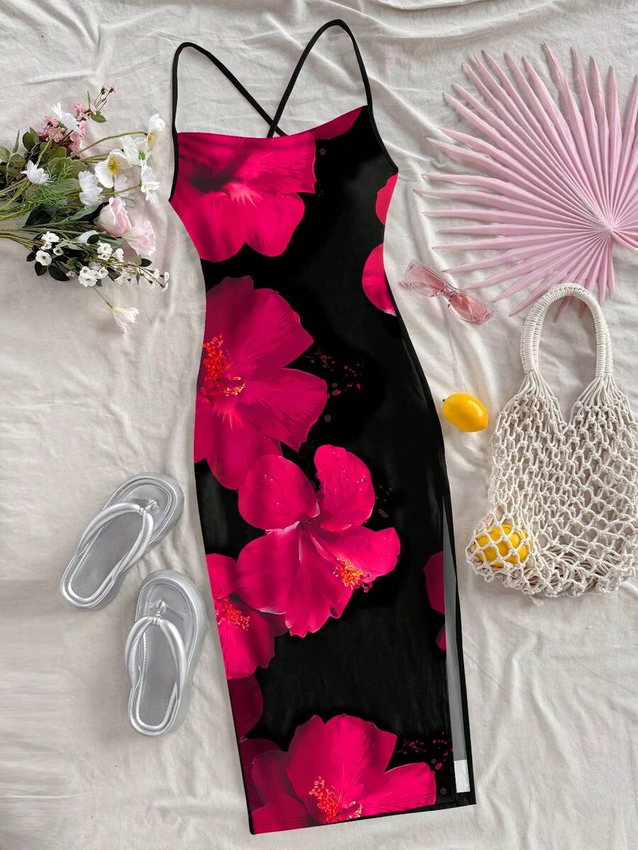 Soleia 女士印花修身吊带侧开衩连衣裙，度假风 - 玫紅色 - 查看 1