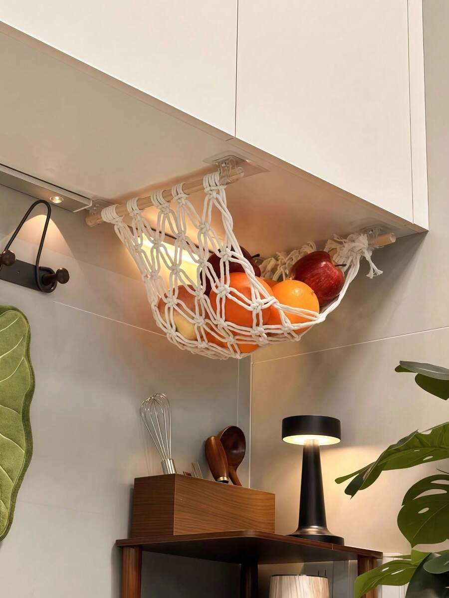 Madebyblanc Nordic Boho Handwoven Fruit Hammock - Wall-Mounted Kitchen Storage Net Bag Space-Saving Home Decor Fruit Organizer Basket
