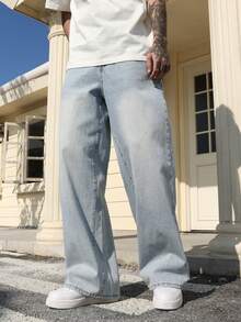 Manfinity Roghcode 男士黑色宽松阔腿休闲牛仔裤 - 淺色水洗藍 - 查看 3