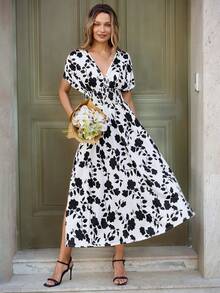 Louniche 女士褶皱水墨印花长裙，夏季 - 白色 - 查看 6