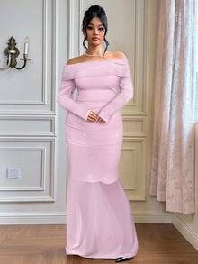 Roveilla 女士加大码水钻装饰露肩紧身长款派对连衣裙 - 粉色 - 查看 7