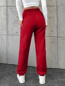 EURMUSE Cotton Women's Drawstring Waist Pocket Jogger Pants - Red - View 2