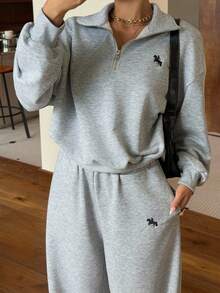 SHEIN EZwear New Autumn Clothes Old Moeny  Light Grey Embroidered Half-Zip Turtleneck Long Sleeve Sweatshirt And Sweatpants Set Grey Sweats Grey 2 Piece Set - Light Grey - View 5