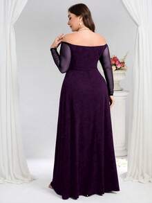 Coutiva 大码露肩长袖网纱拼接透视修身串珠正式晚礼服 - 紫色 - 查看 2