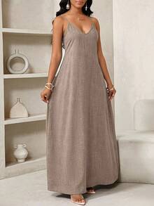 SHEIN Lady 春夏休闲全身蓝色仿牛仔沙滩吊带舞会连衣裙吊带裙加大码连衣裙格子连衣裙非洲连衣裙，女士吊带裙 - 咖啡棕 - 查看 3