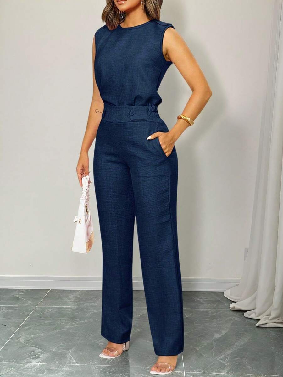 Conjunto de 2 Piezas Top Sin Mangas Elegante Y Casual, Y Pantalón Largo Con Bolsillo Diagonal Y Detalles De Botones Para Mujer - Azul Marino - Ver 1