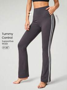 Pantalones de yoga acampanados de cintura alta y doble raya | Pantalones deportivos superelásticos que realzan la cadera y estilizan la figura. Perfectos para yoga, fitness, correr, entrenar, uso diario y compras informales. - Gris - Ver 2