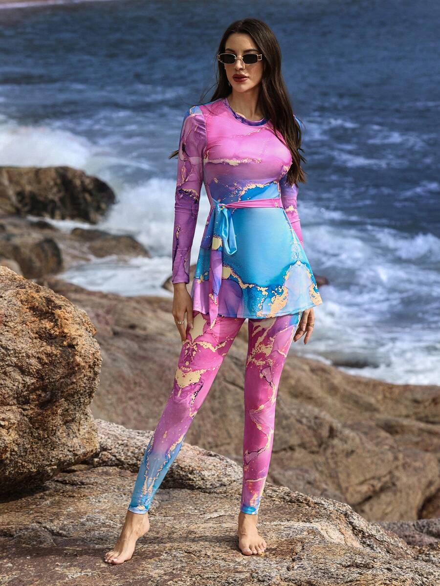 Swim Shayni Women's Summer Vacation Casual Beach Outfit Tie-Dye Print 2-Piece Bikini Swimsuit Set With Long Sleeve Top And Long Pants, Jalabiyas, Burkini Set For Women, Modest 2 Piece Swimsuit, Long Sleeve Two Piece Set - Multicolor - View 1