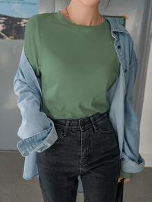 DAZY Áo thun dài tay cổ tròn raglan màu trơn, dáng rộng, phong cách tối giản thường ngày. - màu xanh lá - Xem 2