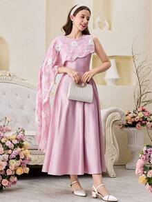 SHEIN Rochie de vară elegantă, glamuroasă, dulce, țesută, brodată cu mărgele, cu stele de mare, talie asimetrică, evazată, linie A