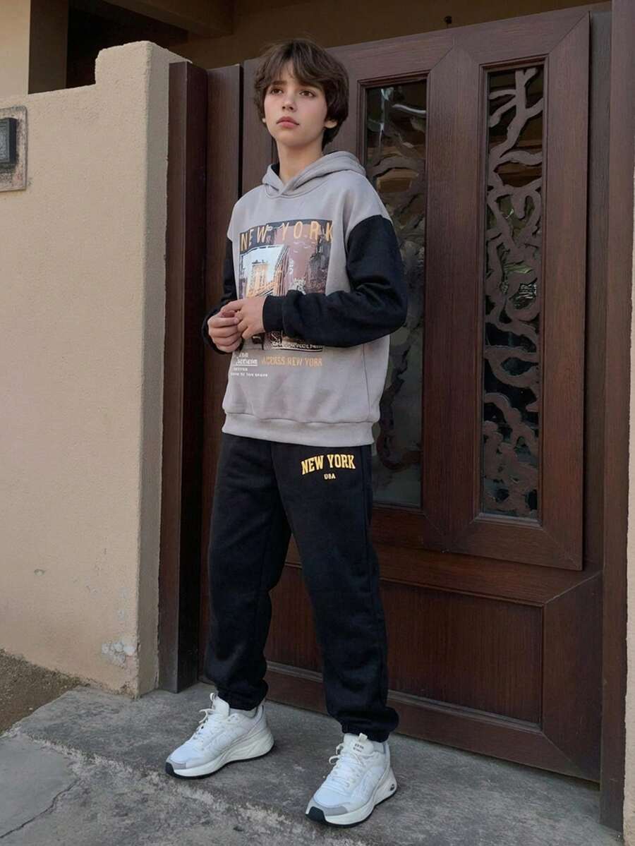 Vacaura 2pcs Teenager Autumn/Winter Fashion Versatile Sleeve Patchwork Pullover Sweatshirt Sweatshirt & Drawstring Pants Set