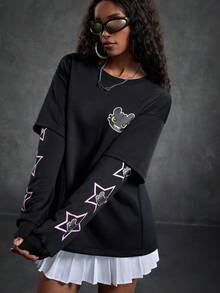 SHEIN How to Train Your Dragon Women's Star & Cartoon Pattern Crew Neck Long Sleeve Sweatshirt - Black - View 4