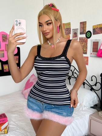 Eraneu 女士条纹休闲时尚蕾丝拼接吊带背心