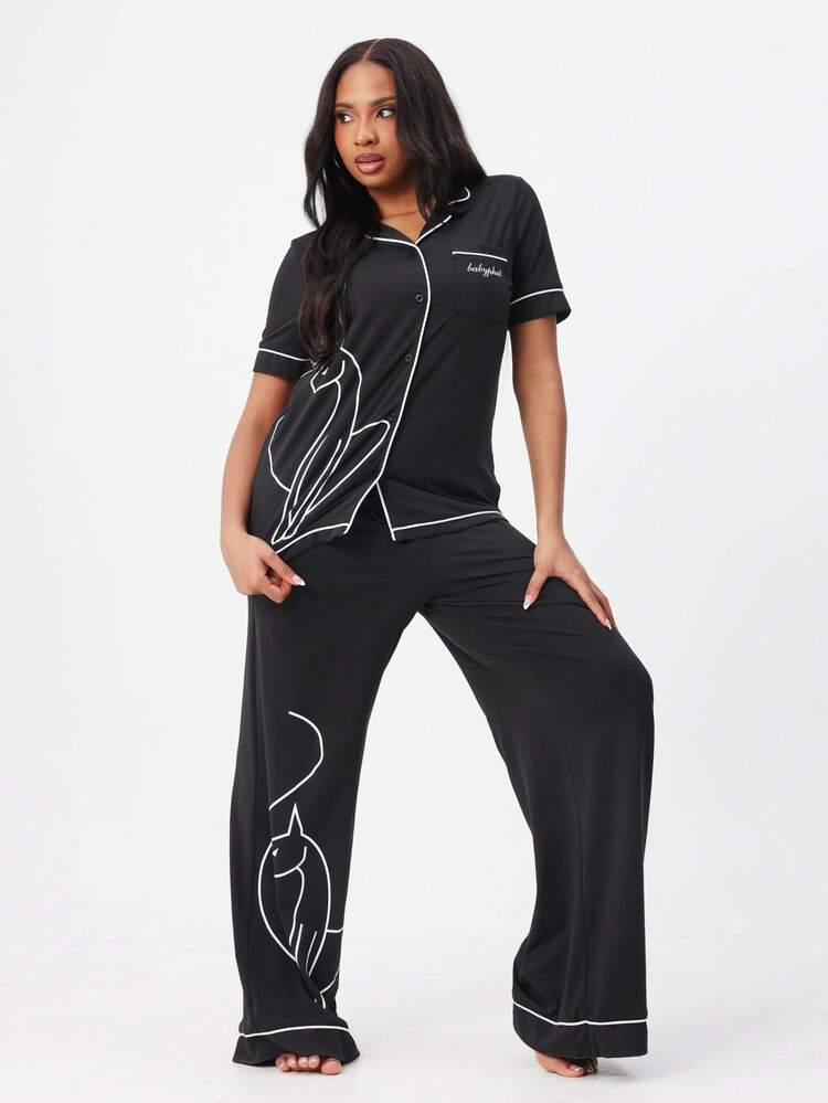 BABYPHAT Pajama Set With Short Sleeve Shirt And Wide Leg Trouser Botanical Print Piped Trim Button Down