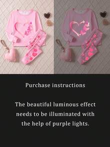 女童春夏针织圆领长袖蝴蝶渐变霓虹图案粉色休闲两件套，时尚紧身睡衣家居服 - 粉色 - 查看 4