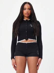 BABYPHAT 罗纹长袖纽扣前襟logo睡衣上衣，撞色滚边细节，舒适睡衣 - 黑色 - 查看 4