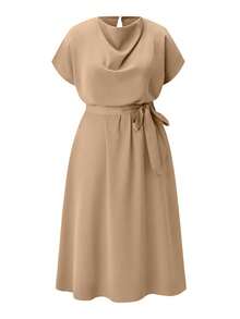 SHEIN Clasi Plus Size Women's Batwing Sleeve Shift Dress With Boat Neckline, For Christmas Maxi Women Outfit - Khaki - View 1