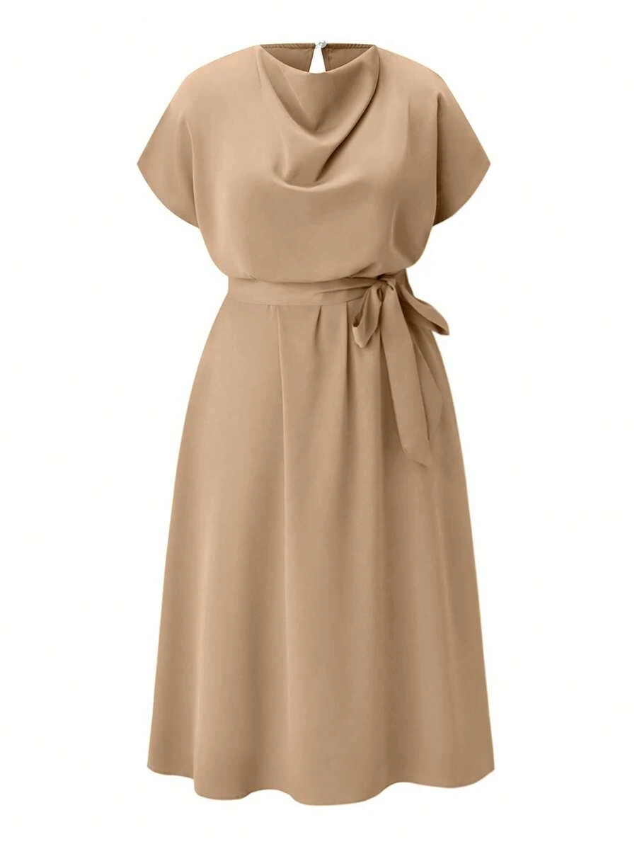 SHEIN Clasi Plus Size Women's Batwing Sleeve Shift Dress With Boat Neckline, For Christmas Maxi Women Outfit - Khaki - View 1