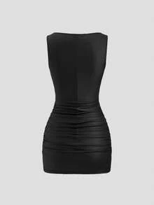 Sweetra New Fashion Wine Red Coated Elastic Fabric Ruched Waist Slim Fit Mini Dress, High Neck Ruffle Detail, Suitable For Club Party, Cocktail, Commute, Daily Wear In Autumn/Winter - Black - View 2