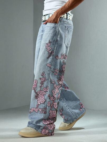 Anime Jeans ampi a gamba larga con stampa floreale, stile streetwear