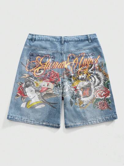 ROMWE MEN Street Life Färgglada tryckta casual denimshorts för män