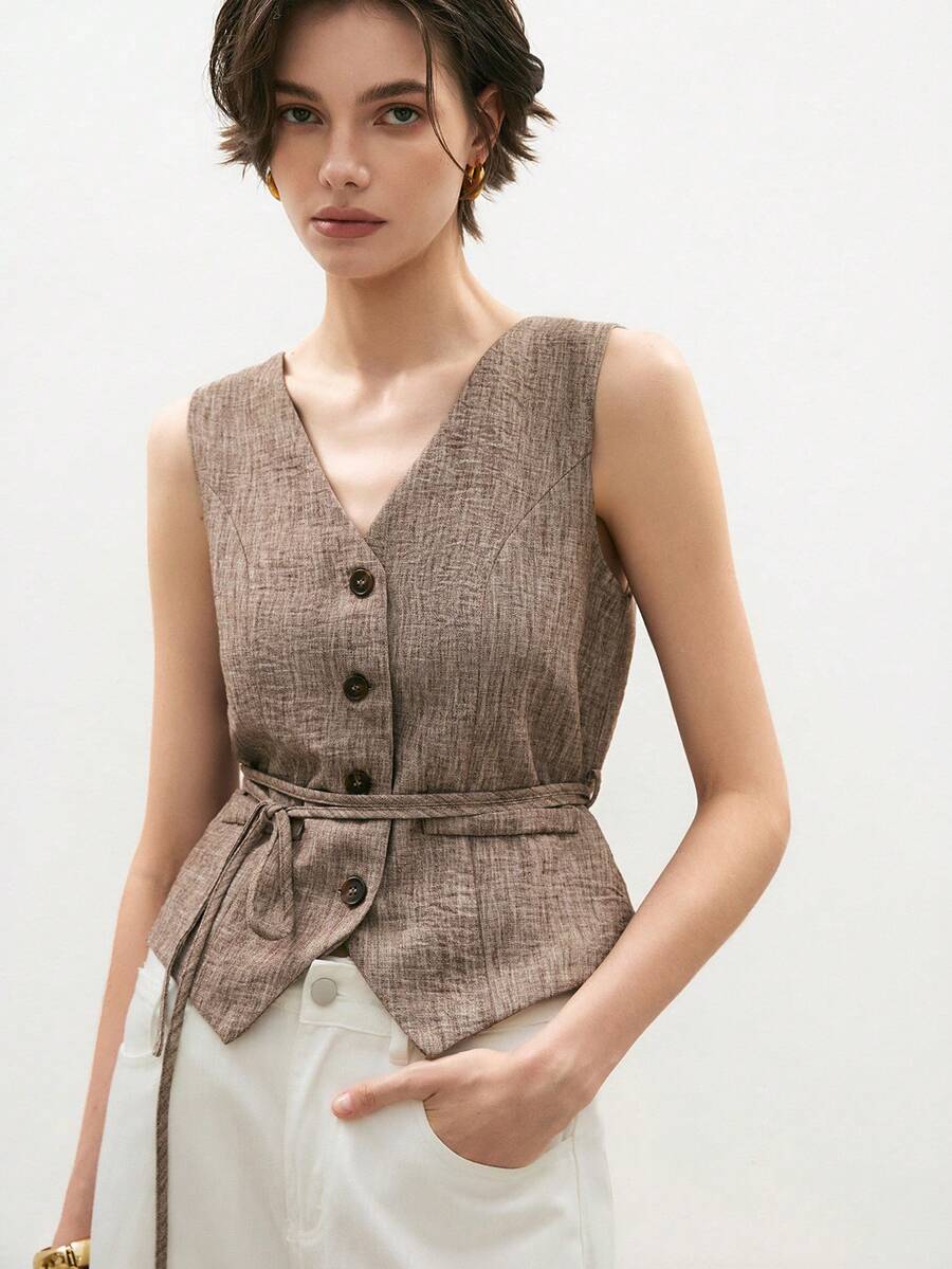 ATUI Studio 女款優雅咖啡棕復古繫帶鈕扣西裝背心外套,簡約老錢風夏季辦公通勤上衣,商務休閒秋季服飾 - 棕色 - 查看 1