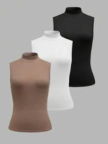 3pcs Women's Crew Neck Solid Ribbed Casual Commuter Tops - Multicolor - View 3