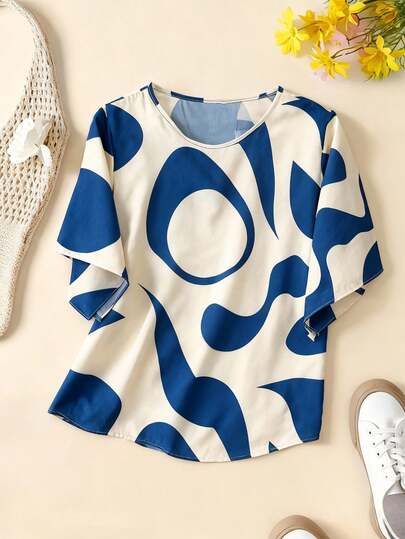 Omancia 女士休闲圆领简约日常衬衫，带有随机印花图案，七分袖上衣