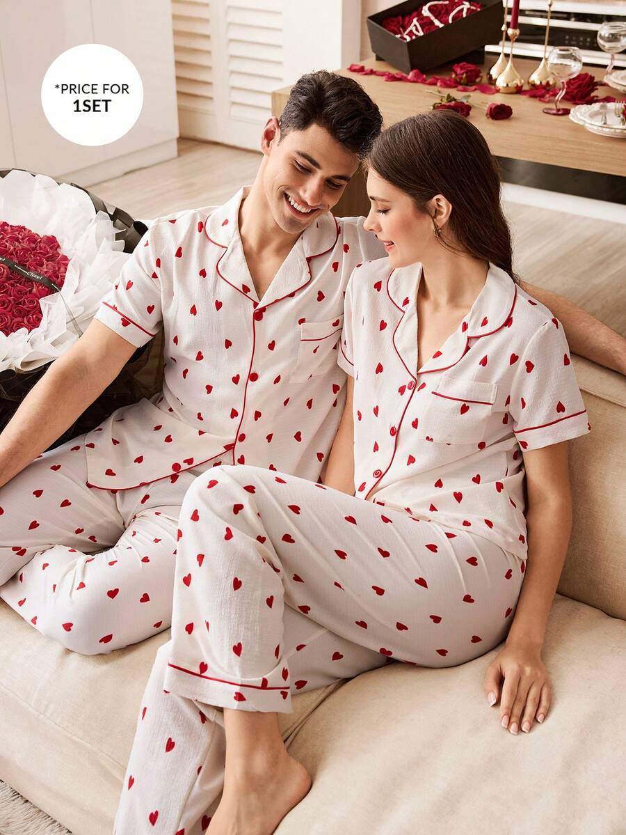 SHEIN 2pcs Men's Homewear Set With Heart Pattern Collar Valentine's Day Pajamas Men's Pajamas Couple Pajamas - White - View 1