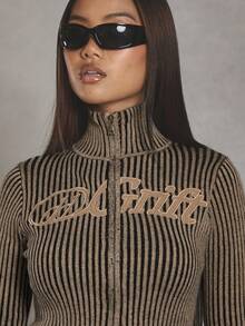 MUSERA Contrast Rib Slogan High Neck Zip Through Cardigan Cool Girl, Streetstyle, Everyday, Autumn, Winter, Varsity, 1997 Evening Party Elegant  New Year Thanksgiving - Khaki - View 2