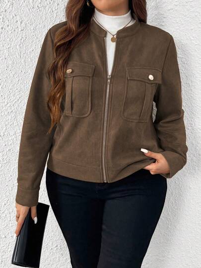 SHEIN Tall Plus Size Women Casual Loose Chest Pocket Stand Collar Zip Up Long Sleeve Jacket, Autumn/Winter