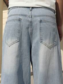 Manfinity Roghcode 男士黑色宽松阔腿休闲牛仔裤 - 淺色水洗藍 - 查看 5