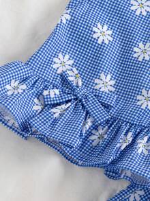 SHEIN Vintaside Kids 两件套女婴夏季时尚简约可爱套装，蓝白格纹上衣饰有蝴蝶结，搭配同款格纹长裤，适合户外、上学、旅行穿着。 - 藍色 - 查看 5