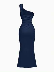 Pitira 少女藏蓝色优雅修身单肩连衣裙 - 藏蓝色 - 查看 5