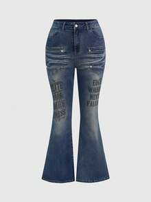 ROMWE Grunge Punk Plus Size Casual Washed Slogan Print Flare Jeans - Medium Wash - View 1