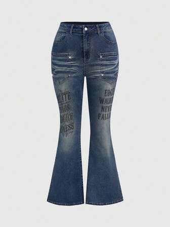Grunge Punk Jeans évasés imprimés avec slogan, lavés, grande taille, style décontracté