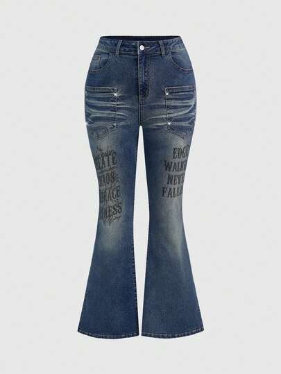 Grunge Punk Plus Size Casual Washed Slogan Print Flare Jeans