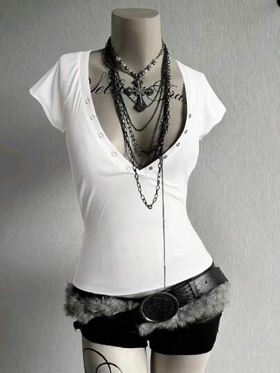 Sunspun Lightweight Ribbed Texture Button V-Neck Short Sleeve T-Shirt Top For Women, New Summer Fashion, Versatile Layering, Slim Fit, Slightly Sheer, Revealing