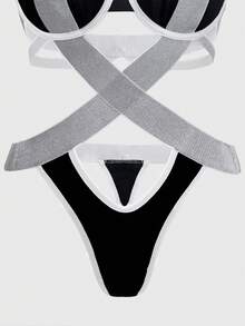 SHEIN 1pc Exotic-Goth Silver Criss-Cross Hollow Out Sexy Bodysuit For Women - Multicolor - View 3