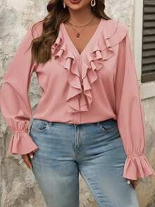 SHEIN VCAY Plus Size Casual Solid Color Ruffle Trim Shirt - Pink - View 6